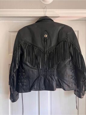 Black Leather Fringe Women's Jacket - Western Style medium black star leather co